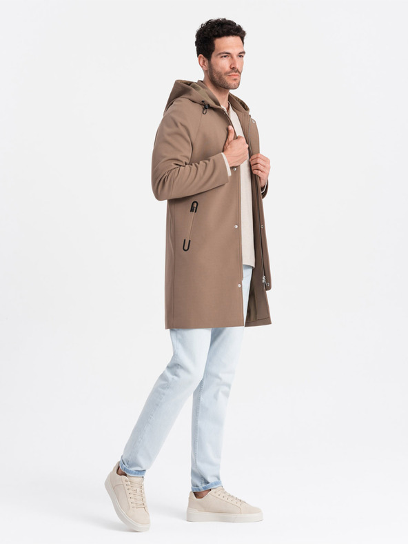 Ombre Clothing Hnedý pánsky kabát s kapucňou Ombre Oblečenie