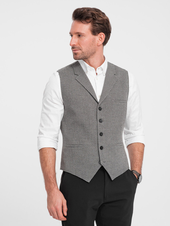Ombre Clothing Šedá pánska žakárová vesta s klopami Ombre Oblečenie
