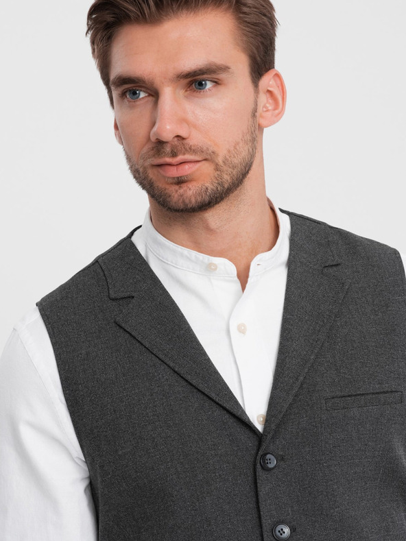 Ombre Clothing Tmavosivá pánska obleková vesta s golierom Ombre Oblečenie