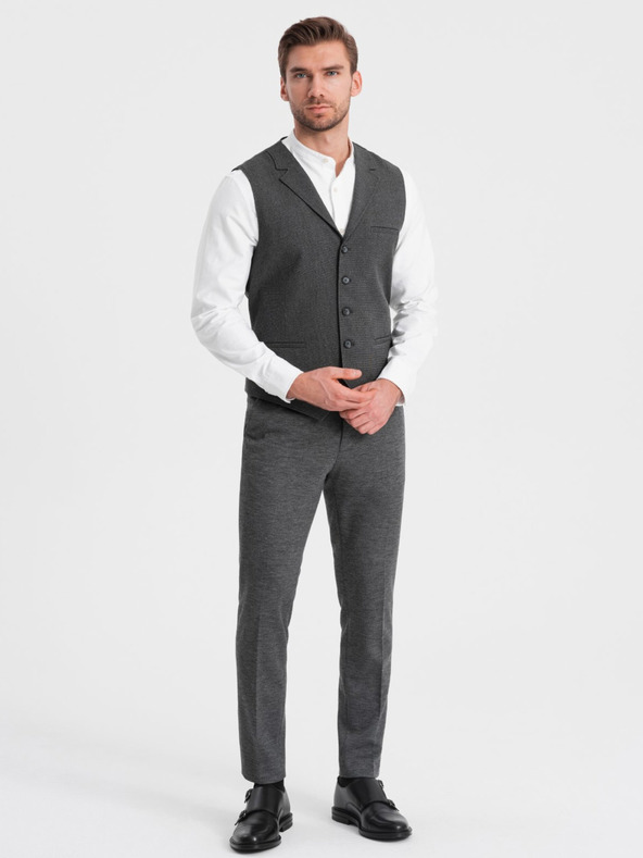 Ombre Clothing Tmavosivá pánska obleková vesta s golierom Ombre Oblečenie