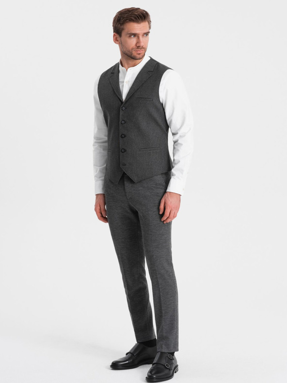 Ombre Clothing Tmavosivá pánska obleková vesta s golierom Ombre Oblečenie