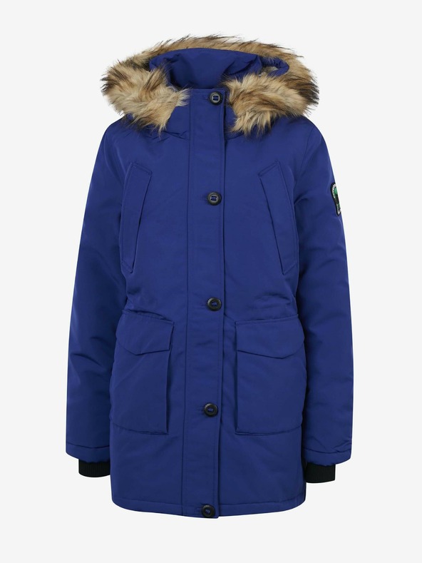 SuperDry Modrá dámska bunda s kapucňou a umelou kožušinou Superdry Everest