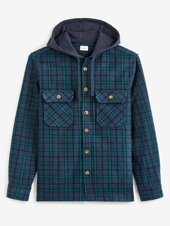 Celio Zeleno-modrá pánska kockovaná košeľa s kapucňou Celio Valines