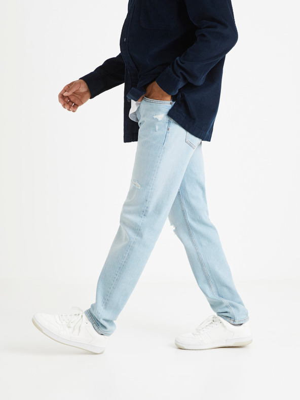 Celio Svetlomodré pánske džínsy rovného strihu s roztrhaným efektom Celio Vomarble