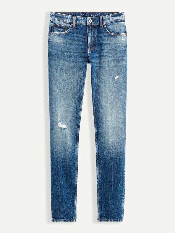 Celio Modré pánske džínsy rovného strihu s roztrhaným efektom Celio Vomarble