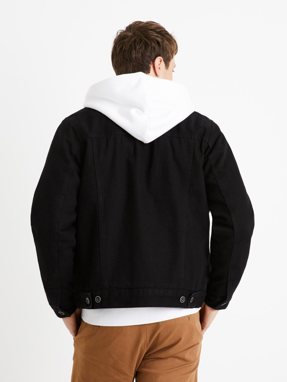 Celio Čierna pánska džínsová bunda s kožúškom Celio Cudensherp