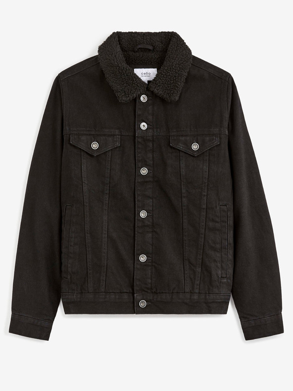Celio Čierna pánska džínsová bunda s kožúškom Celio Cudensherp
