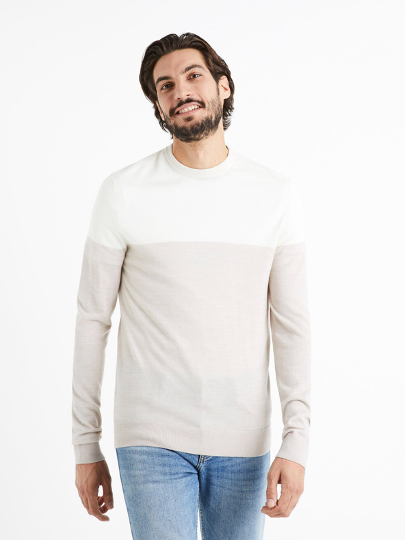 Celio Bielo-béžový pánsky sveter zo zmesi Merino vlny Celio Cemeribloc