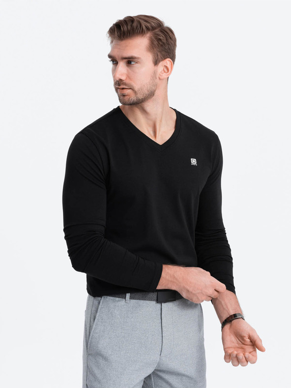 Ombre Clothing Čierne pánske tričko s výstrihom do V Oblečenie Ombre