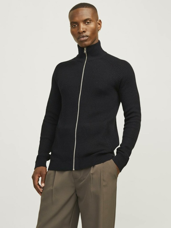 Jack & Jones Čierny pánsky sveter Jack & Jones so zipsom