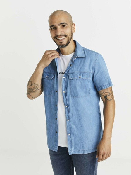 Celio Modrá pánska džínsová košeľa s vreckami Celio
