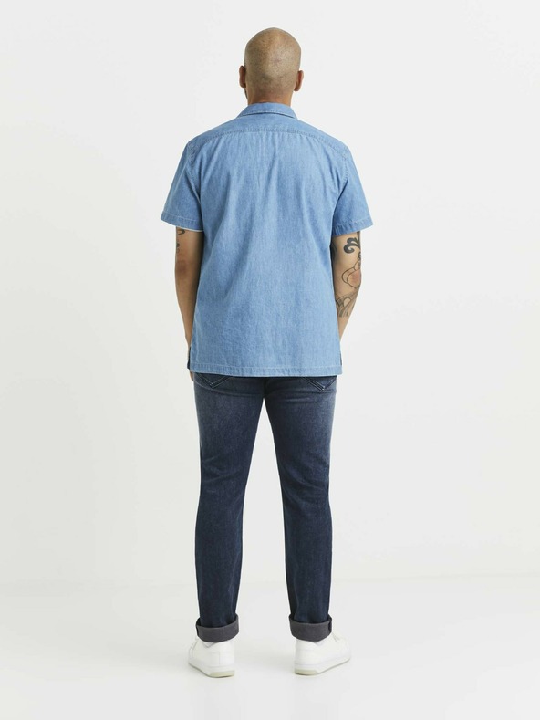 Celio Modrá pánska džínsová košeľa s vreckami Celio