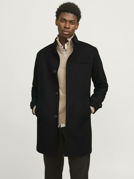 Jack & Jones Čierny pánsky vlnený kabát Jack & Jones