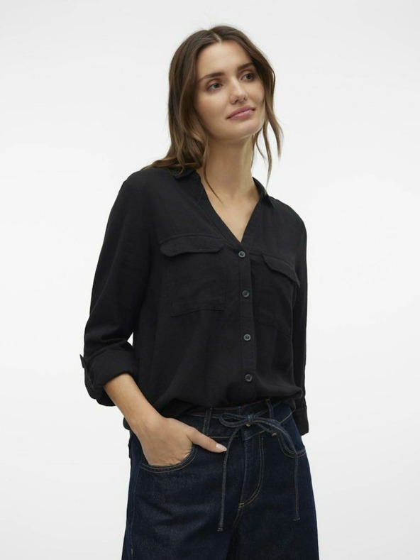 Vero Moda Čierna dámska ľanová blúzka Vero Moda Linn Bumpy