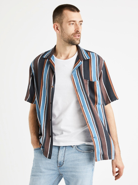 Celio Modro-hnedé pánske pruhované tričko Celio Taboy