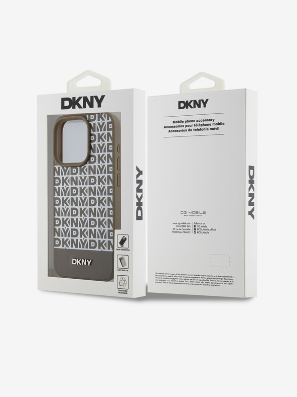 DKNY PU kožený zadný kryt Repeat Pattern Bottom Stripe MagSafe pre iPhone 15 Pro Max Brown DKNY