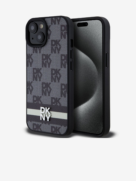 DKNY PU kožený zadný kryt so šachovnicovým vzorom a pruhmi pre iPhone 15 čierny DKNY