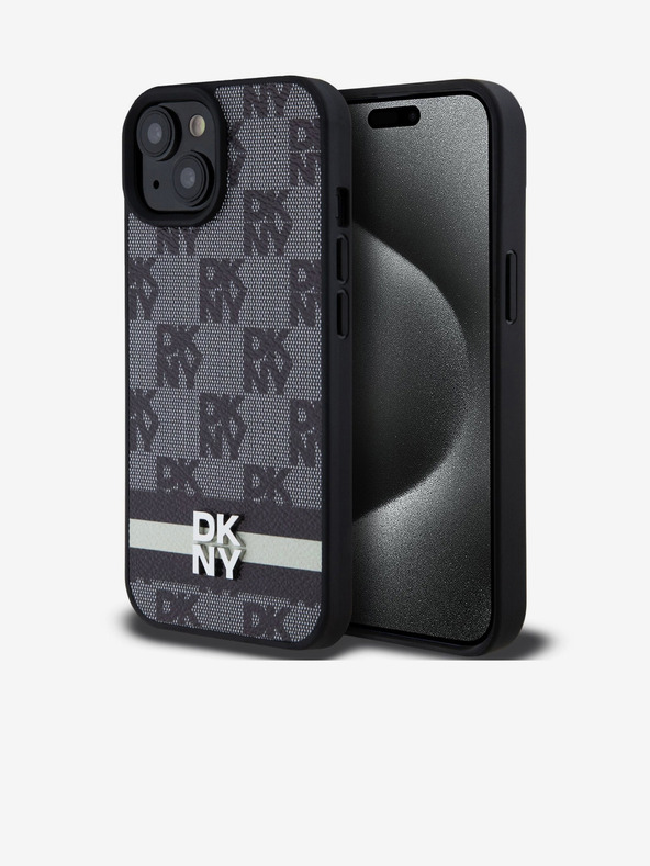 DKNY PU kožený zadný kryt so šachovnicovým vzorom a pruhmi pre iPhone 15 čierny DKNY