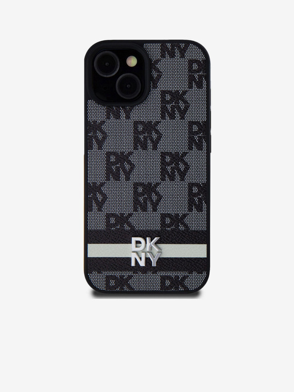 DKNY PU kožený zadný kryt so šachovnicovým vzorom a pruhmi pre iPhone 15 čierny DKNY