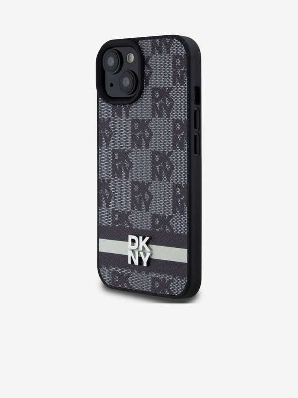 DKNY PU kožený zadný kryt so šachovnicovým vzorom a pruhmi pre iPhone 15 čierny DKNY