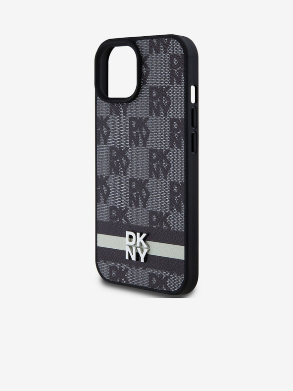 DKNY PU kožený zadný kryt so šachovnicovým vzorom a pruhmi pre iPhone 15 čierny DKNY