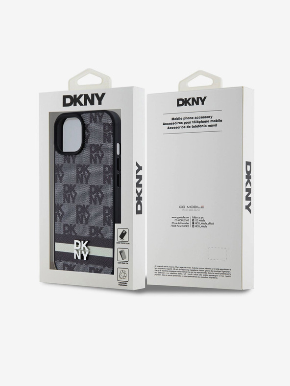 DKNY PU kožený zadný kryt so šachovnicovým vzorom a pruhmi pre iPhone 15 čierny DKNY
