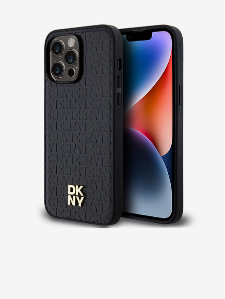DKNY PU kožený zadný kryt Repeat Pattern Stack Logo Magsafe pre iPhone 13 Pro Max Black DKNY