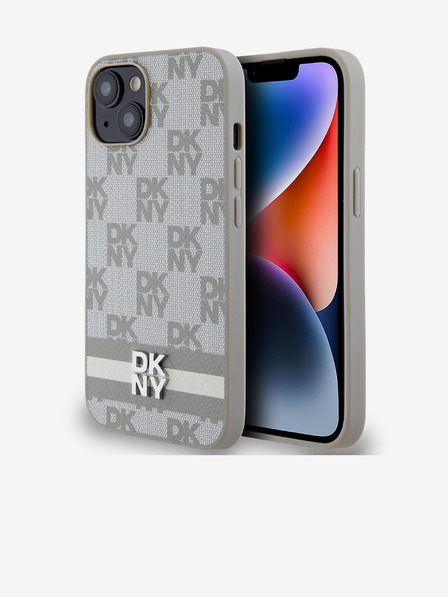DKNY PU kožený zadný kryt so šachovnicovým vzorom a pruhmi pre iPhone 14 béžový DKNY