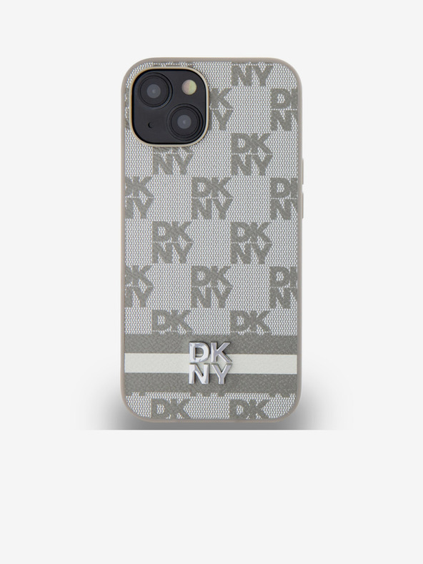 DKNY PU kožený zadný kryt so šachovnicovým vzorom a pruhmi pre iPhone 14 béžový DKNY