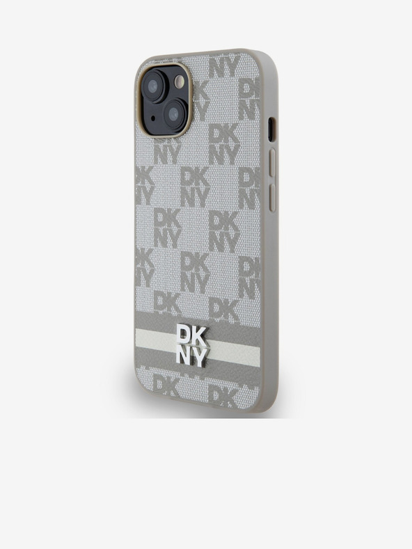 DKNY PU kožený zadný kryt so šachovnicovým vzorom a pruhmi pre iPhone 14 béžový DKNY