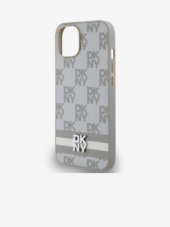 DKNY PU kožený zadný kryt so šachovnicovým vzorom a pruhmi pre iPhone 14 béžový DKNY