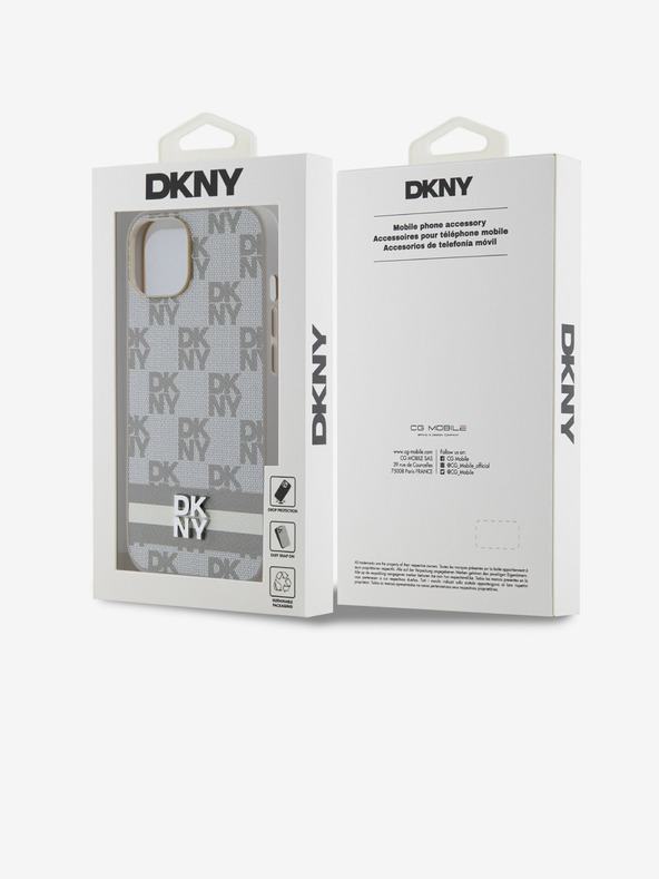 DKNY PU kožený zadný kryt so šachovnicovým vzorom a pruhmi pre iPhone 14 béžový DKNY