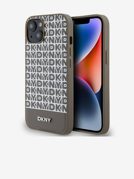 DKNY PU kožený zadný kryt Repeat Pattern Bottom Stripe MagSafe pre iPhone 14 Brown DKNY