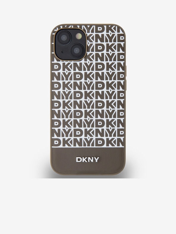 DKNY PU kožený zadný kryt Repeat Pattern Bottom Stripe MagSafe pre iPhone 14 Brown DKNY