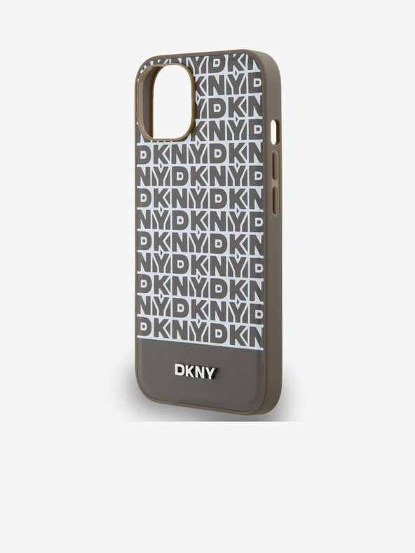 DKNY PU kožený zadný kryt Repeat Pattern Bottom Stripe MagSafe pre iPhone 14 Brown DKNY