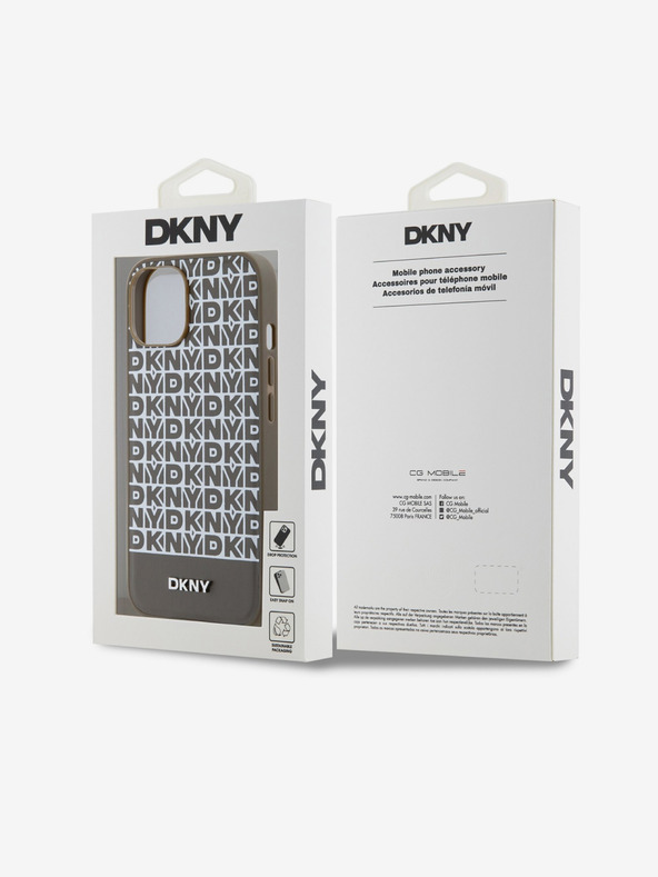 DKNY PU kožený zadný kryt Repeat Pattern Bottom Stripe MagSafe pre iPhone 14 Brown DKNY