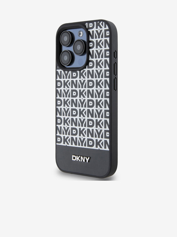 DKNY PU kožený zadný kryt Repeat Pattern Bottom Stripe MagSafe pre iPhone 15 Pro Max Black DKNY