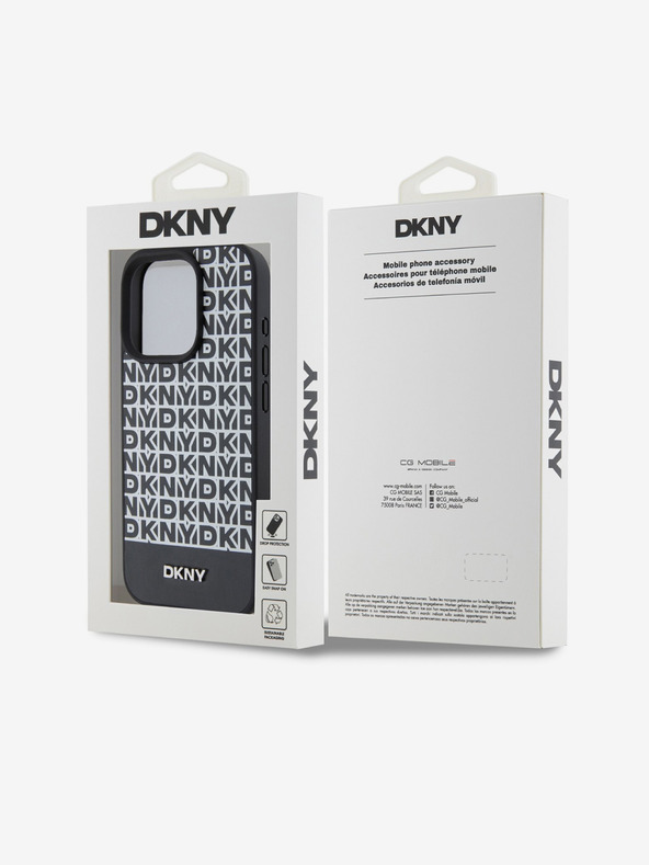 DKNY PU kožený zadný kryt Repeat Pattern Bottom Stripe MagSafe pre iPhone 15 Pro Max Black DKNY