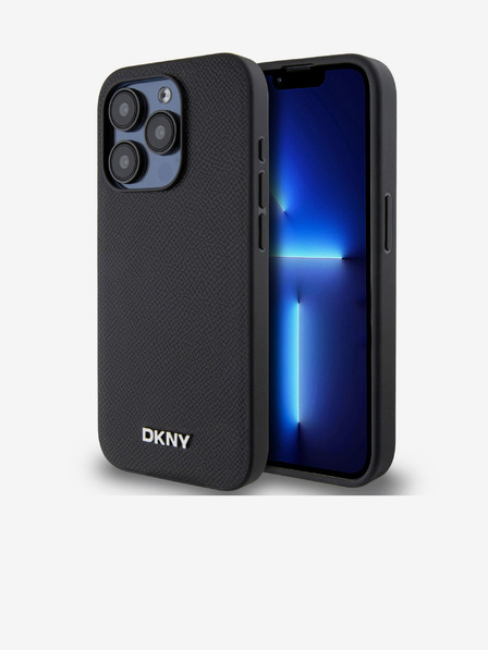 DKNY PU kožený strieborný zadný kryt s kovovým logom Magsafe pre iPhone 15 Pro Black DKNY