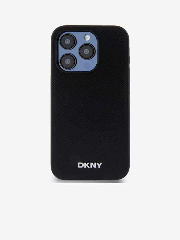 DKNY PU kožený strieborný zadný kryt s kovovým logom Magsafe pre iPhone 15 Pro Black DKNY