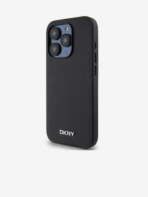 DKNY PU kožený strieborný zadný kryt s kovovým logom Magsafe pre iPhone 15 Pro Black DKNY