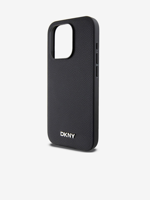DKNY PU kožený strieborný zadný kryt s kovovým logom Magsafe pre iPhone 15 Pro Black DKNY