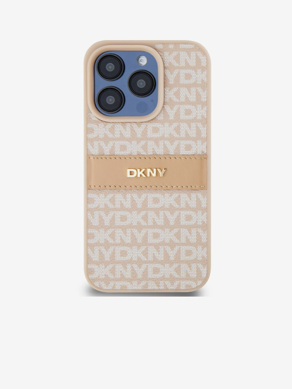 DKNY PU kožený zadný kryt Repeat Pattern Tonal Stripe pre iPhone 15 Pro Pink DKNY