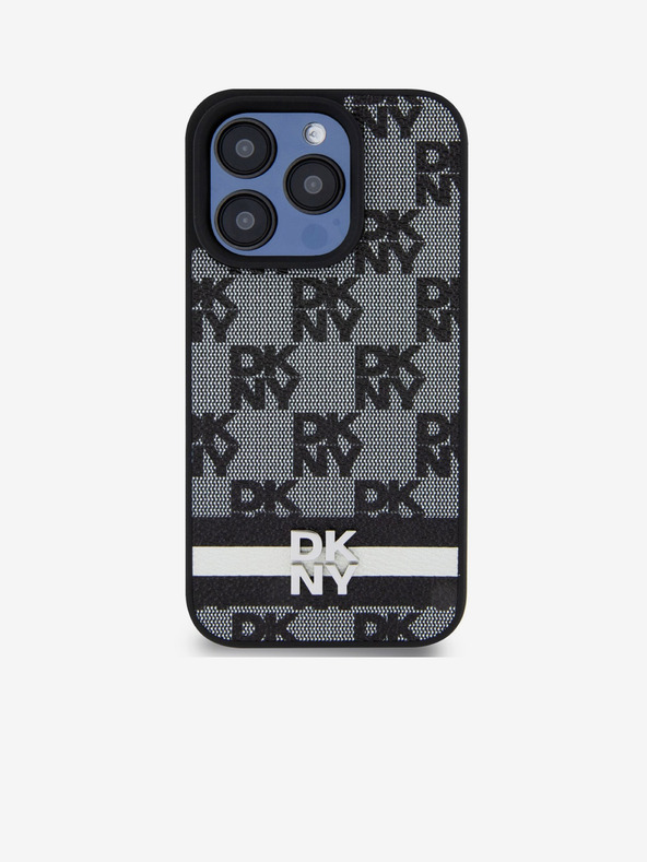 DKNY PU kožený zadný kryt so šachovnicovým vzorom a pruhmi pre iPhone 15 Pro Black DKNY