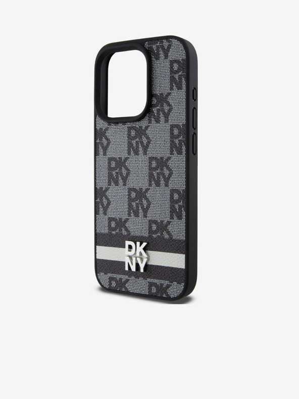 DKNY PU kožený zadný kryt so šachovnicovým vzorom a pruhmi pre iPhone 15 Pro Black DKNY