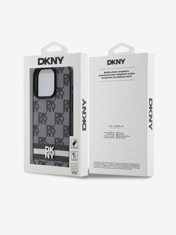 DKNY PU kožený zadný kryt so šachovnicovým vzorom a pruhmi pre iPhone 15 Pro Black DKNY