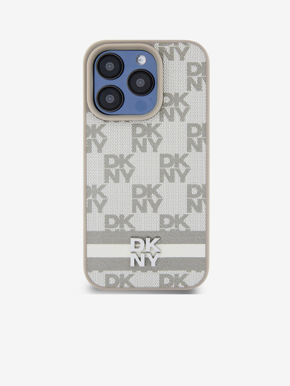 DKNY PU kožený zadný kryt so šachovnicovým vzorom a pruhmi pre iPhone 14 Pro Beige DKNY