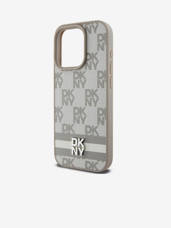 DKNY PU kožený zadný kryt so šachovnicovým vzorom a pruhmi pre iPhone 14 Pro Beige DKNY