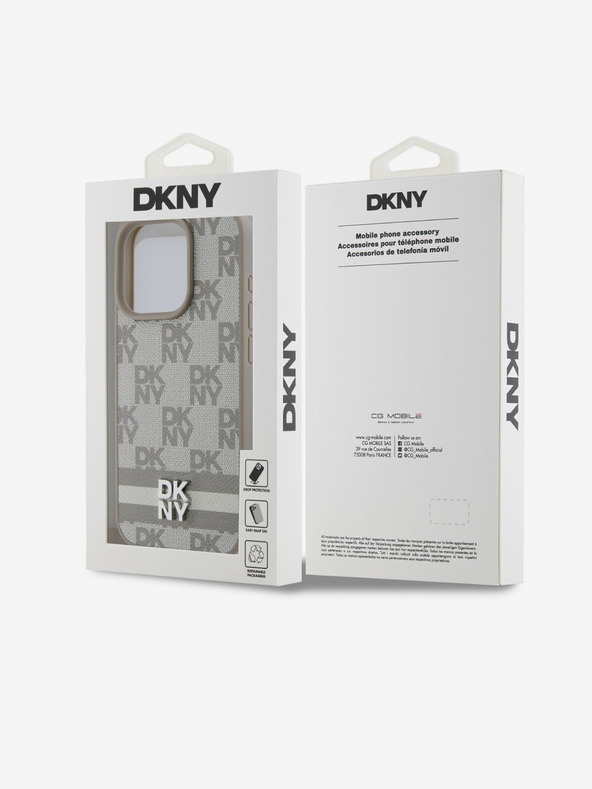 DKNY PU kožený zadný kryt so šachovnicovým vzorom a pruhmi pre iPhone 14 Pro Beige DKNY