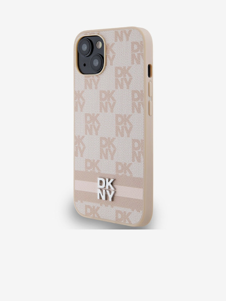DKNY PU kožený zadný kryt s károvaným vzorom a pruhmi pre iPhone 13 ružový DKNY